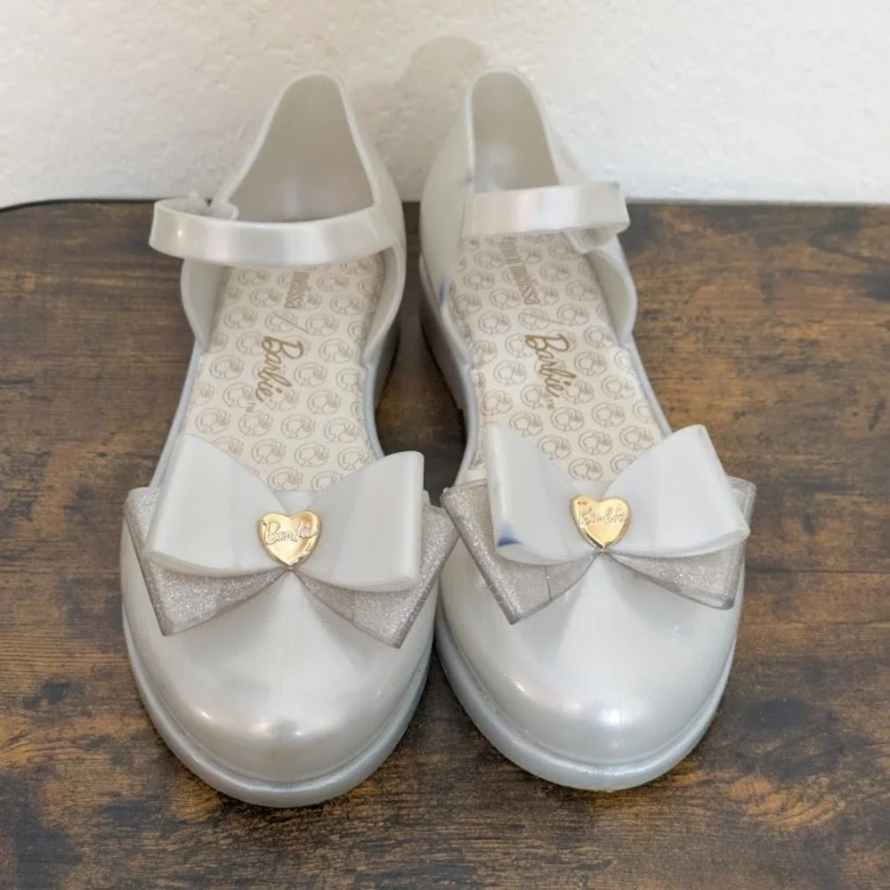 Mini Melissa Barbie Jelly Sandals Metallic White Bow Heart Vegan Big Kid Flats 4